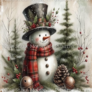 Primitive Snowman Scene Christmas Tree Farmhouse Instant Download JPEG Printable Print Sublimation Decoupage Cans Labels Tag Jingle Bells
