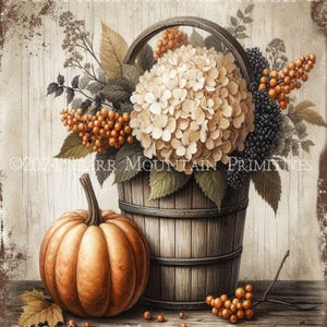 Primitiver Herbst Herbst Hortensien Bouquet Holzeimer Kürbis Print Label Jpeg Digital Bild Printable 8x10 Tag Canvas Decoupage Reispapier