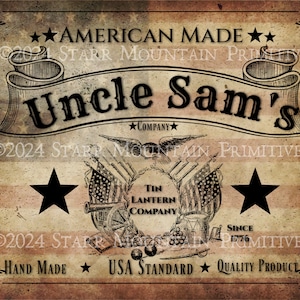 May include: A vintage-style sign with the text "Uncle Sam's Company" and "American Made" in a red, white, and blue color scheme. The sign features an eagle with outstretched wings, a cannon, and stars. The text "Hand Made", "USA Standard", and "Quality Product" are also included.