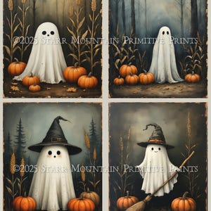 May include: Set of four 4x5 inch primitive art prints featuring whimsical ghosts in a field of corn and pumpkins. Each print showcases a different ghost design, some with witch hats and brooms, with the text "©2025 STARR MOUNTAIN PRIMITIVE PRINTS".