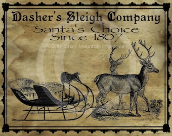 Primitive Vintage Christmas Dasher's Sleigh Co. Santa Claus Pantry Logo Label Jpeg Digital File for Crock  Jar, Labels, Pillows, Doll Candle