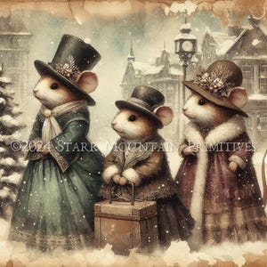 Primitive Victorian Christmas Winter Mice Mouse Printable Jpeg Digital Distressed Print Decoupage Label Hang Tag Ornament Canvas 8x10
