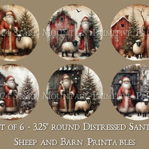 Pode incluir: Conjunto de seis imagens redondas imprimíveis de 3,25 polegadas que representam o Papai Noel desgastado, ovelhas e um celeiro. As imagens estão em um estilo vintage com um fundo rústico.