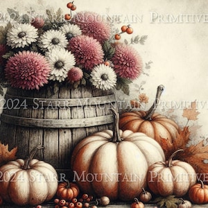 Primitive Bauernhaus Pumpkin Mums Holzfass Druckbare Stillleben Malerei Drucketikett Jpeg Digitalbild 10x8 Leinwand Decoupage Reispapier