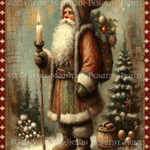 Primitive Farmhouse Old World Santa Claus Christmas Tree Candlestick Printable 8x10 Jpeg Digital Print Decoupage Label Tag Ornament Card
