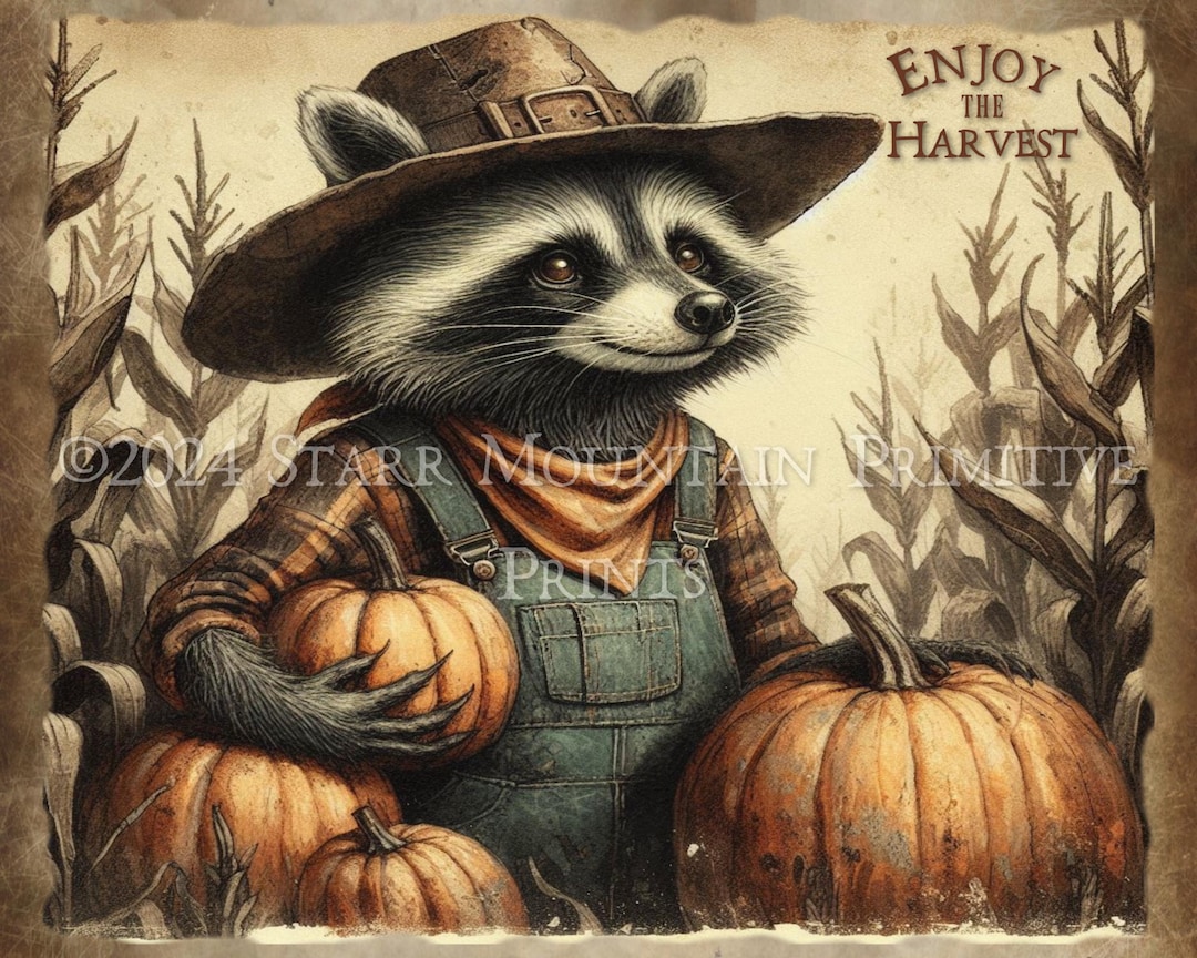 Primitive Autumn Harvest Raccoon Farmer Scarecrow Cornfield