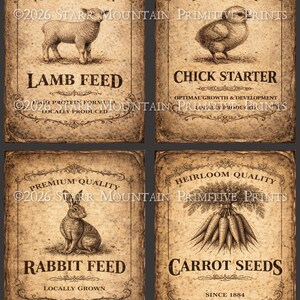 May include: Set of four vintage-style feed and seed labels. The labels feature illustrations of a lamb, chick, rabbit, and carrots. Each label includes text such as "Lamb Feed," "Chick Starter," "Rabbit Feed," and "Carrot Seeds."