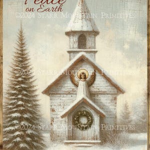 Primitive Farmhouse Inspirational Printable Christmas Church Chapel Wreath Angel Peace on Earth 8x10 Jpeg Digital Image Tag Print Card