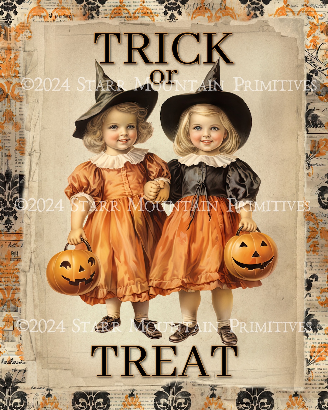 Primitive Vintage Halloween Trick or Treat Witch Jack O Lantern ...