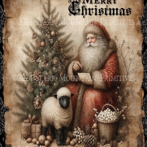 Primitive Farmhouse Grungy Old World Santa Claus Christmas Tree Sheep Printable 8x10 Jpeg Digital Print Decoupage Label Tag Ornament Card