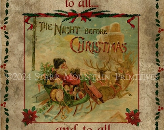 Könnte beinhalten: Vintage Weihnachtskarte mit rotem und grünem Stechpalmenrand, einer Darstellung des Weihnachtsmanns in einem Schlitten, der von Rentieren gezogen wird, und dem Text "Frohe Weihnachten an alle... Die Nacht vor Weihnachten... und allen eine gute Nacht!"