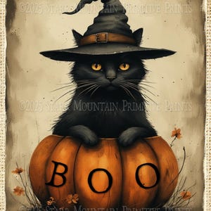 Primitive Fall Autumn Halloween Black Cat Witch Hat Boo Pumpkin 8x10 Printable Jpeg Digital Image Label Hang Tag Print Canvas Decoupage