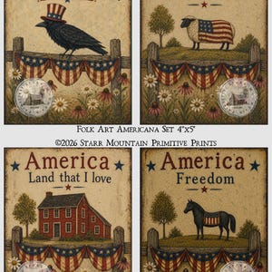 Può includere: Set di quattro stampe folk art Americana di 10 cm x 13 cm. Ogni stampa presenta immagini patriottiche: un corvo con un cappello a cilindro, una pecora con la bandiera americana, una casa rossa e un cavallo con una coperta con la bandiera americana. Le stampe includono testo e sono decorate con fiori e ghirlande patriottiche.