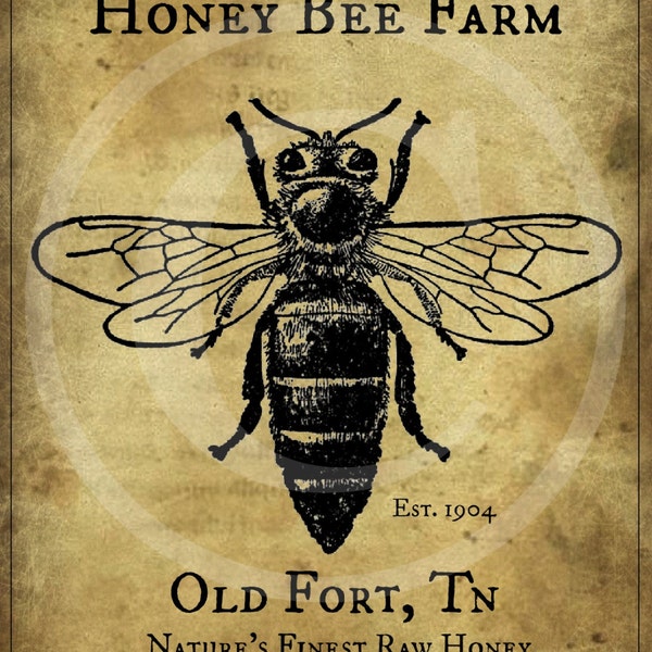 Primitieve Vintage Honey Bee boerderij afdrukbare Jpeg digitale afbeelding Feedsack Logo voor kussens Pantry etiketten hangen tags Jar Crock krat Crock Label