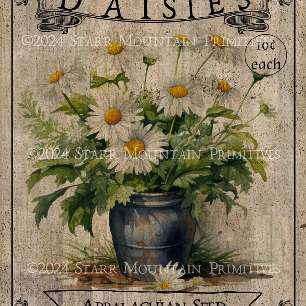 Primitive Daisies Seed Packet Daisy Flowers Printable Jpeg 300 DPI Digital Image Pillow Pantry Label Hang Tag Ornament Print