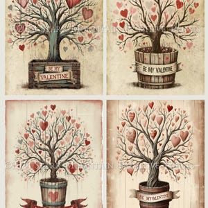 Arte popular primitiva Dia dos namorados corações árvore balde de madeira conjunto 4, 4x5 imagem digital imprimível decoupage etiqueta etiqueta ornamento sinal impressão cartão