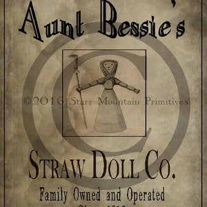 Primitive Vintage Straw Doll Jpeg Digital  Image Feedsack Logo for Pillow Label Hang tags Magnet Ornie Canister Candle Can Crate Jar