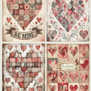 Może przedstawiać: Zestaw czterech drukowanych wzorów patchworkowych serc w kolorze czerwonym, różowym i niebieskim. Każde serce zawiera inny walentynkowy napis: "Be Mine", "Happy Valentine's Day" i "Happy Valentine's Day".