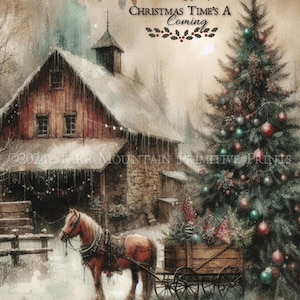Primitieve boerderij Kerstmis komt eraan Schuur Sneeuwlandschap paard boom afdrukbare 8 x 10 jpeg digitale print decoupage label tag ornament kaart