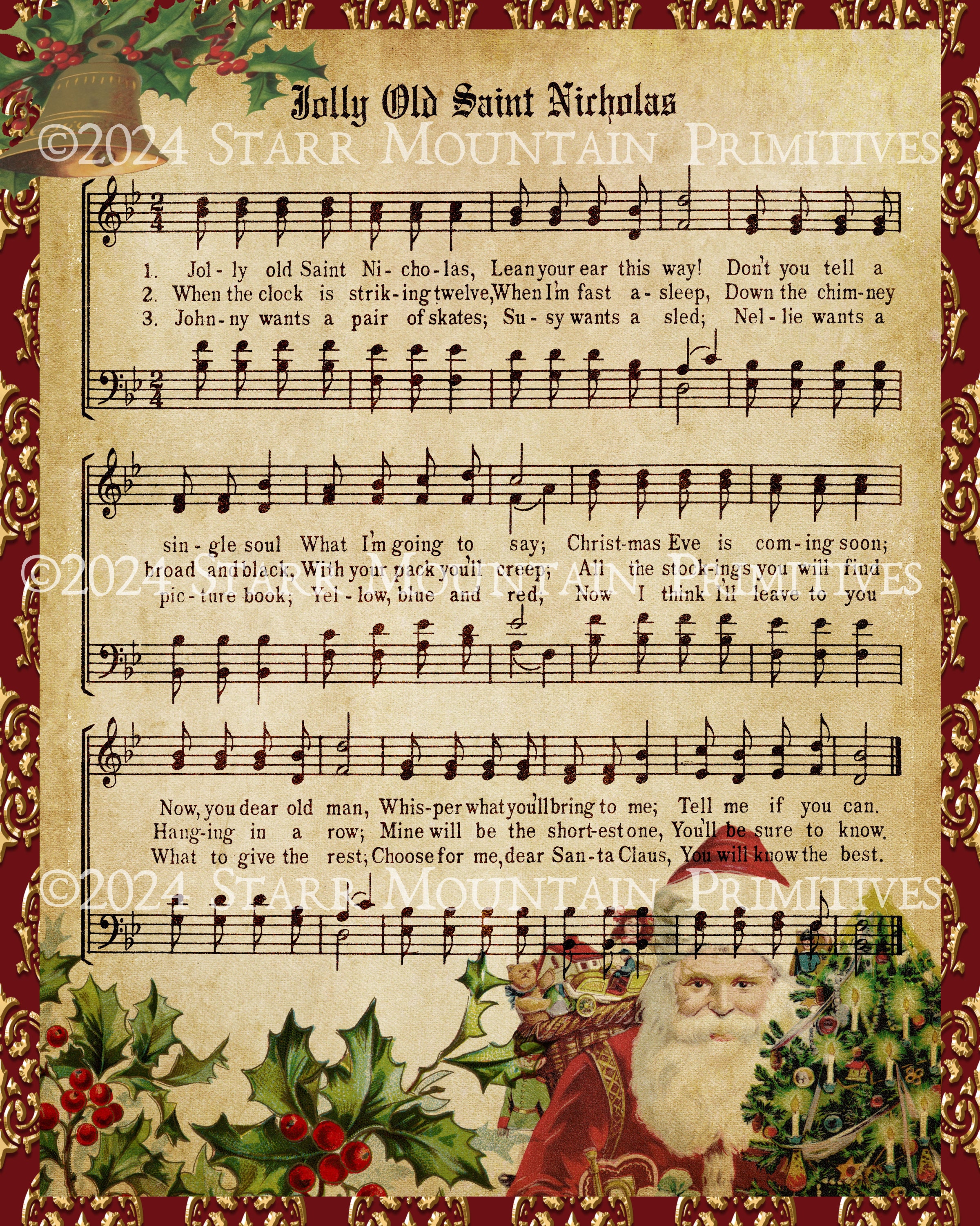 Primitive Vintage Christmas Jolly Old Saint Nick Santa Sheet Music ...