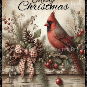Primitive Merry Christmas Kardinal verwittert Holz Greenery Printable 8x10 Jpeg Digitaldruck Decoupage Label Hang Tag Ornament Karte Leinwand