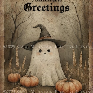 May include: A whimsical Halloween-themed illustration featuring a friendly ghost wearing a witch hat, surrounded by pumpkins and wheat stalks. The text "Halloween Greetings" is displayed at the top. The color palette is muted with earthy tones.
