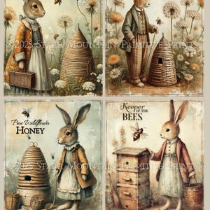 Primitieve vintage Bunny Bee Skep Honeybee Hive bloemen set van 4 4 x 5 digitale afbeelding afdrukbare decoupage label hang tag ornament print canvas