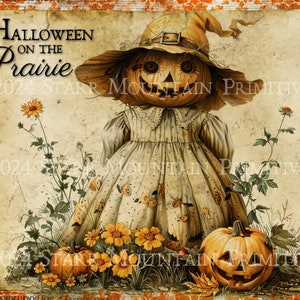 Primitive automne Halloween dans la prairie citrouille tête JOL fille épouvantail damassé imprimable image numérique Jpeg oreiller étiquette étiquette volante impression