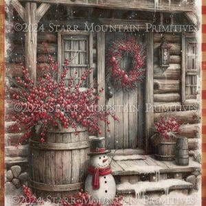 Primitive Farmhouse Log Cabin Porch Snowman Woodland Christmas Snow Gingham Printable Jpeg Digital Print Decoupage Label Tag Ornament 8x10