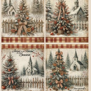Primitive Farmhouse Inspirational Printable Rustic Christmas Tree Church Chapel Gingham Set 4 4x5 Digital Label Print Ornament Magnet Card