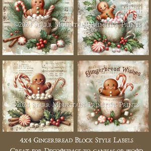 Primitive Whimsical Farmhouse Gingerbread Man Hot Cocoa Chocolate Mug Christmas Set 4, 4x4&quot; Digital Printable Label Hang Tag Ornament Magnet