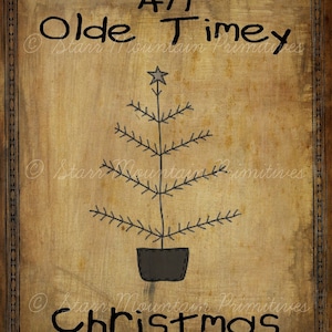 Pode incluir: Uma ilustração de uma árvore de Natal antiga com uma estrela no topo, em um vaso preto, em um fundo marrom com o texto "An Olde Timey Christmas".