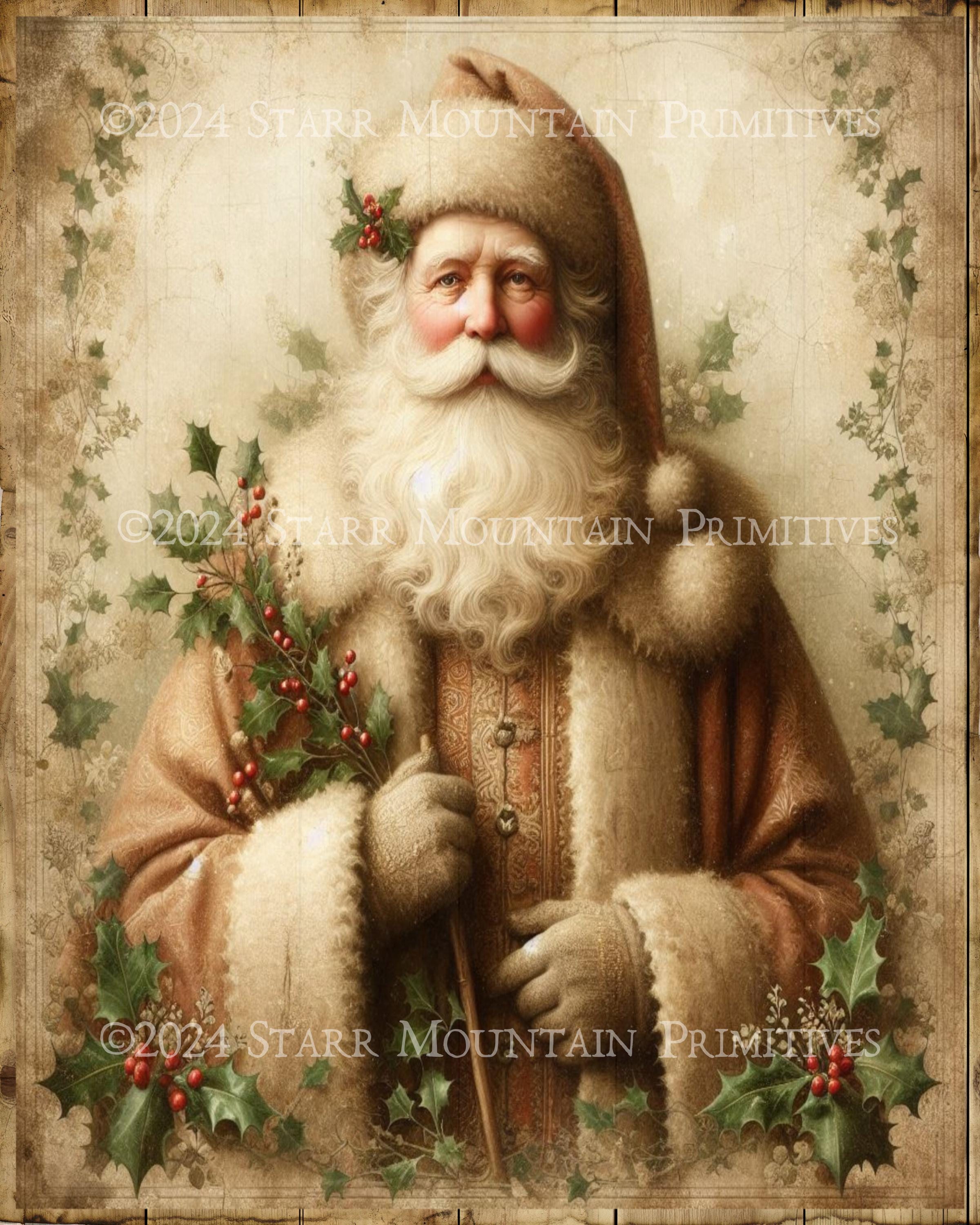 希少 美品  美しい サンタクロース  ゴージャス エレガント ヴィンテージ Primitive Farmhouse Old World Santa Claus Christmas Holly Berries