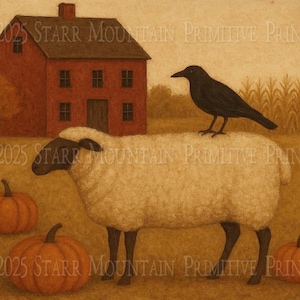 May include: A rustic painting depicts a red house, a black crow perched on a sheep, and orange pumpkins. The artwork has a warm, autumnal color palette with a primitive style, evoking a sense of rural charm and harvest season.
