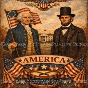 Puede incluir: Una impresión de estilo vintage con retratos de George Washington y Abraham Lincoln, con la palabra "AMERICA" y las fechas "1776-2026". La obra de arte incluye banderas americanas, un tambor y un emblema de águila, todo en un estilo patriótico rústico.