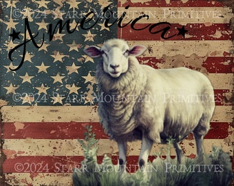Primitive Farmhouse American Flag Sheep America Printable Jpeg 300 DPI Digital Image Pillow Pantry Label Hang Tag Ornament Print Canvas