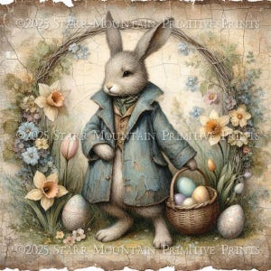 Puede incluir: Un conejo blanco con un abrigo azul y sosteniendo una cesta de huevos de Pascua coloridos. El conejo está rodeado de flores de primavera, incluyendo narcisos y nomeolvides.