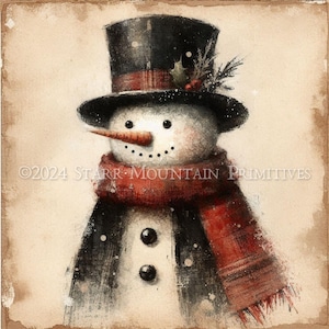 Primitieve boerderij grungy sneeuwpop cilinderhoed sjaal afdrukbare 8 x 10 jpeg digitale print decoupage label hang tag ornament kaart canvas decoupage