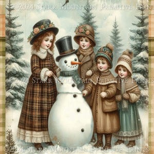 Primitive Victorian Children Building a Snowman Printable Jpeg Digital Distressed Watercolor Print Decoupage Label Hang Tag Ornament 8x10