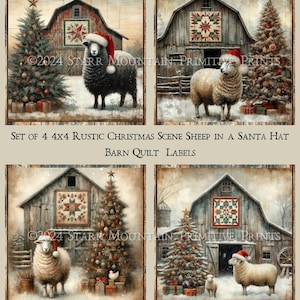 May include: Set of four 4x4 inch rustic Christmas quilt labels featuring a barn, a Christmas tree, and a sheep wearing a Santa hat. The labels are printed on a textured paper with a vintage look.