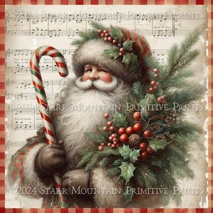 Primitive Farmhouse Christmas Santa Claus Candy Cane Instant Download JPEG 8x8 Printable Print Sublimation Decoupage Cans Label Tag Canvas