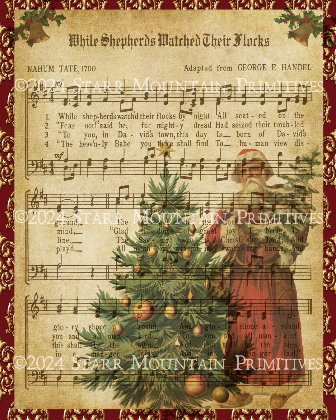 Primitive Vintage Damask Christmas Sheet Music Belsnickle Tree ...