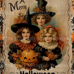Primitiva cartolina d'epoca damascata Halloween Witch Girls Jack O Lantern stampabile Jpeg 300 DPI immagine digitale etichetta cartellino 8x10 stampa su tela