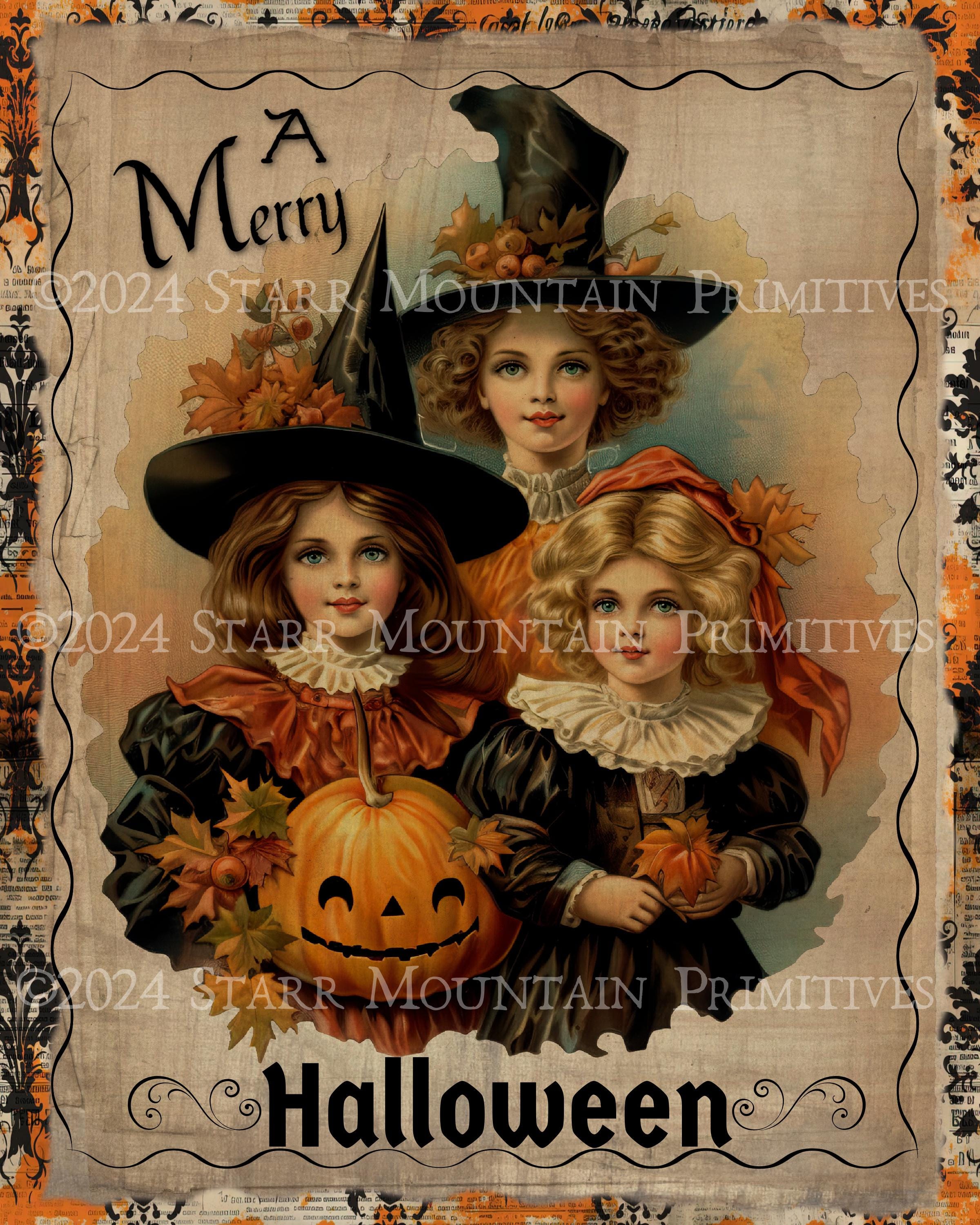 Primitive Vintage Postcard Damask Halloween Witch Girls Jack O Lantern ...