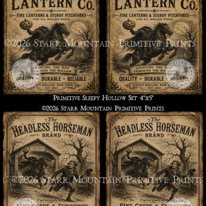 Puede incluir: Un conjunto de cuatro impresiones rectangulares de estilo vintage con ilustraciones en tono sepia del Jinete sin cabeza. Las impresiones superiores muestran el texto Sleepy Hollow Lantern Co. y las inferiores el texto The Headless Horseman Brand.