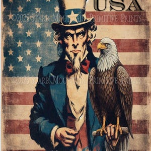 Primitive Patriotic Americana American Flag Uncle Sam Eagle Printable Jpeg 300 DPI Digital Image Label Tag Print Decoupage Canvas Card 8x10