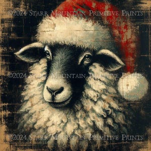 Primitieve boerderij kerst schapen in kerstmuts portret afdrukbaar olieverfschilderij jpeg digitale kunst afbeelding label hang tag 8 x 8 afdrukken canvas