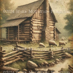 May include: A rustic log cabin with a stone chimney, surrounded by a wooden fence and a small stream. Sheep graze in the field near the cabin. The image has a vintage, faded look.
