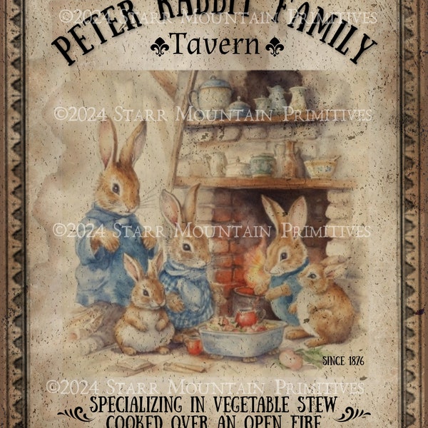 Primitive Vintage Peter Rabbit Family Tavern Sign Printable Jpeg 300 DPI Digital Image Pillow Pantry Label Hang tag Magnet Ornament