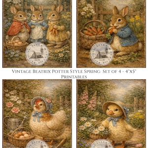 May include: Set of four vintage Beatrix Potter style spring printables, each 4"x5". The prints feature charming illustrations of bunnies, a hen, and a duckling in a garden setting, with baskets and flowers. The prints have a vintage aesthetic.